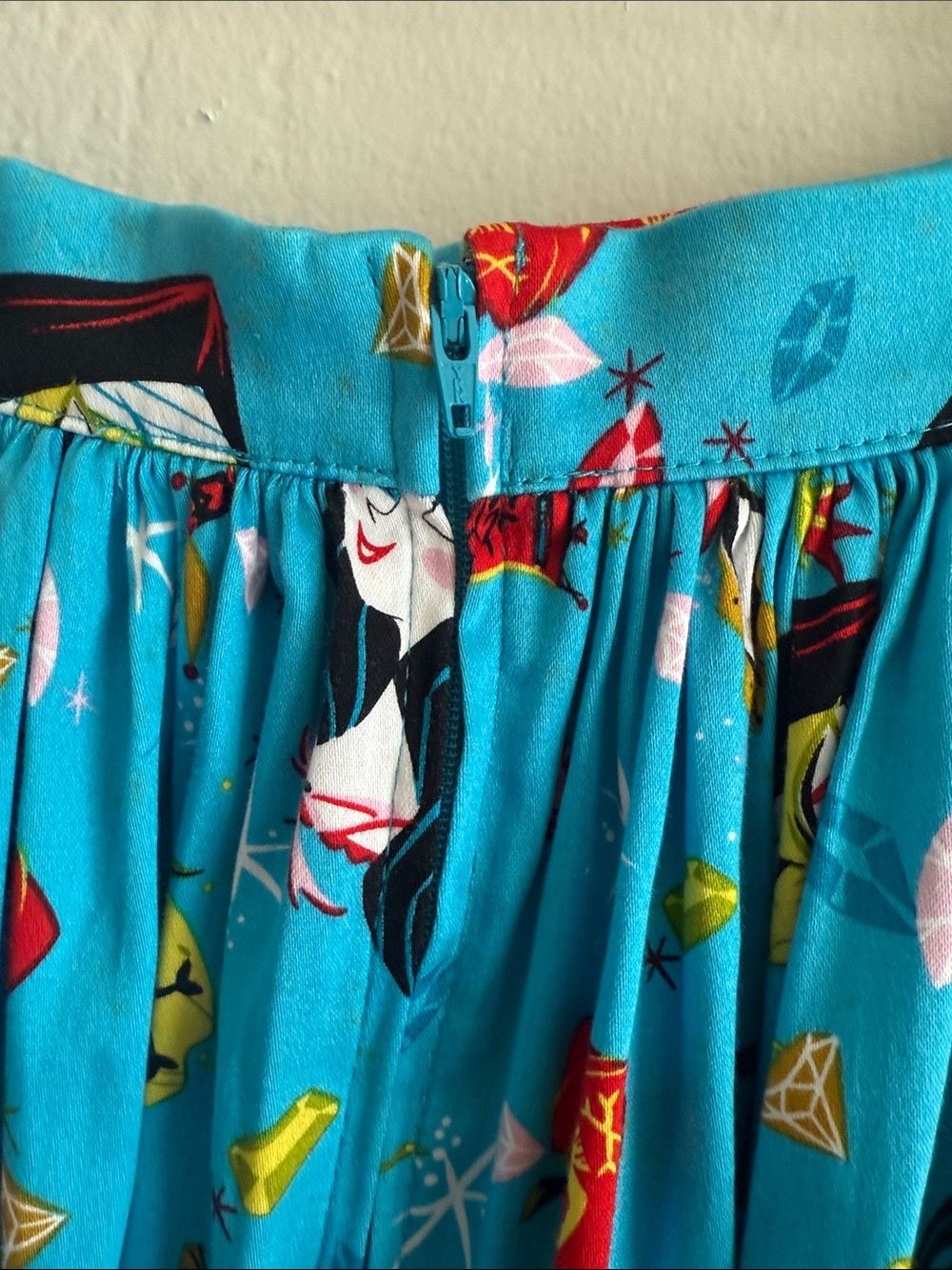 Pinup Couture Bright Turquoise Snow White Graphic Print Gathered A-Line Skirt - Picture 8 of 13